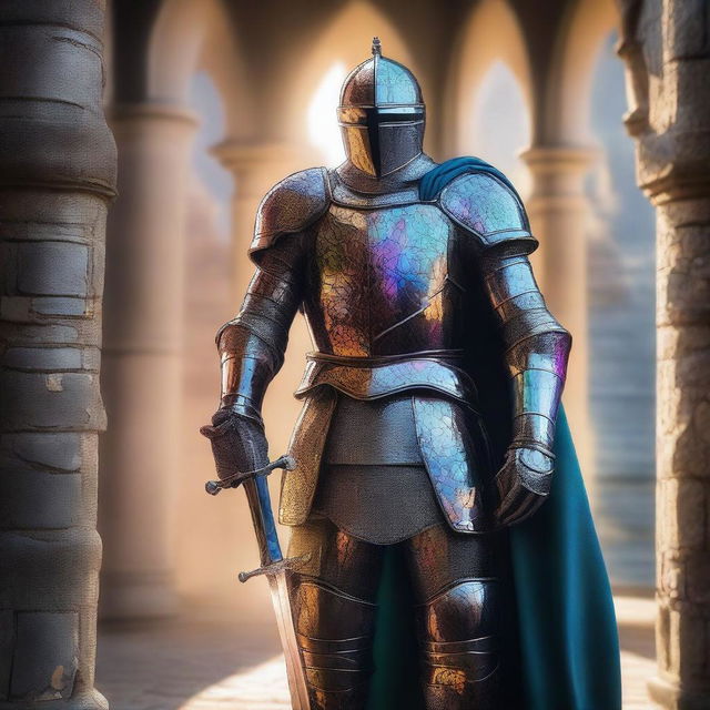 A knight made entirely of glass stands tall with a glass face uncovered, no helmet, and holding a glass sword