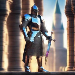 A knight made entirely of glass stands tall with a glass face uncovered, no helmet, and holding a glass sword