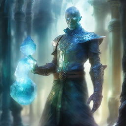 A detailed and artistic depiction of a man made entirely of glass in a fantasy setting