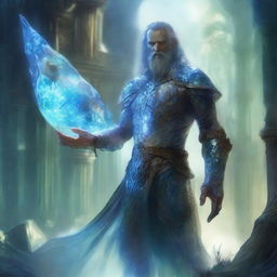 A detailed and artistic depiction of a man made entirely of glass in a fantasy setting