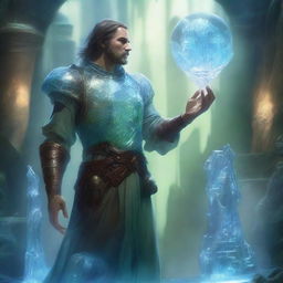 A detailed and artistic depiction of a man made entirely of glass in a fantasy setting