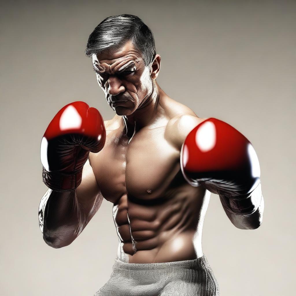 A man made entirely of glass, depicted with a confident expression and a boxing pose, ready to throw a punch