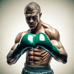 A man made entirely of glass, depicted with a confident expression and a boxing pose, ready to throw a punch