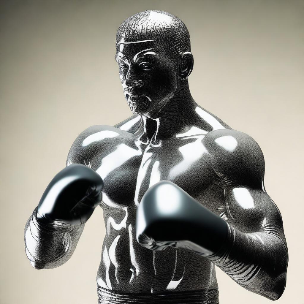 A man made entirely of glass, depicted with a confident expression and a boxing pose, ready to throw a punch