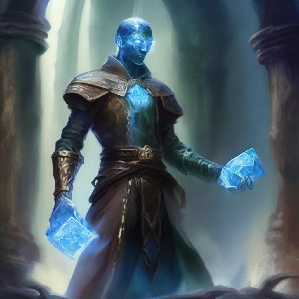 Create an image of a glass man in a fantasy setting, inspired by Dungeons and Dragons