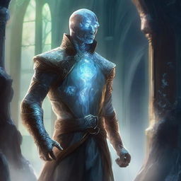 Create an image of a glass man in a fantasy setting, inspired by Dungeons and Dragons