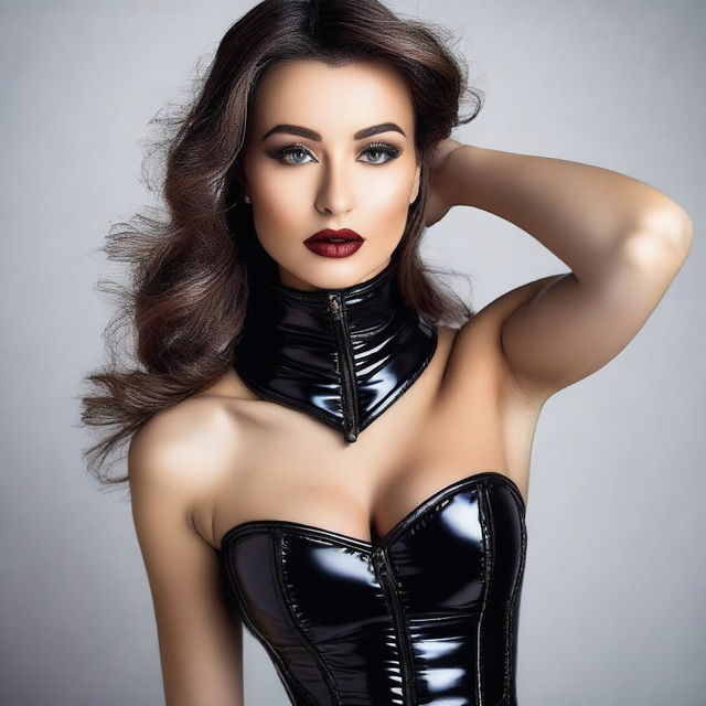 A seductive woman in a tight black shiny puffer corset, posing confidently