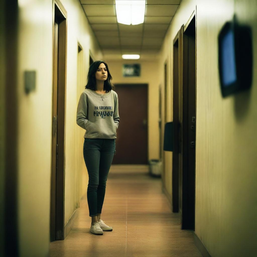 A young woman who has been abused stands at the end of a hallway, looking distressed