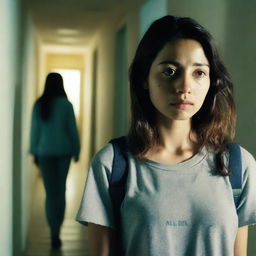 A young woman who has been abused stands at the end of a hallway, looking distressed