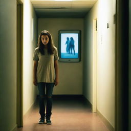 A young woman who has been abused stands at the end of a hallway, looking distressed