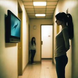 A young woman who has been abused stands at the end of a hallway, looking distressed