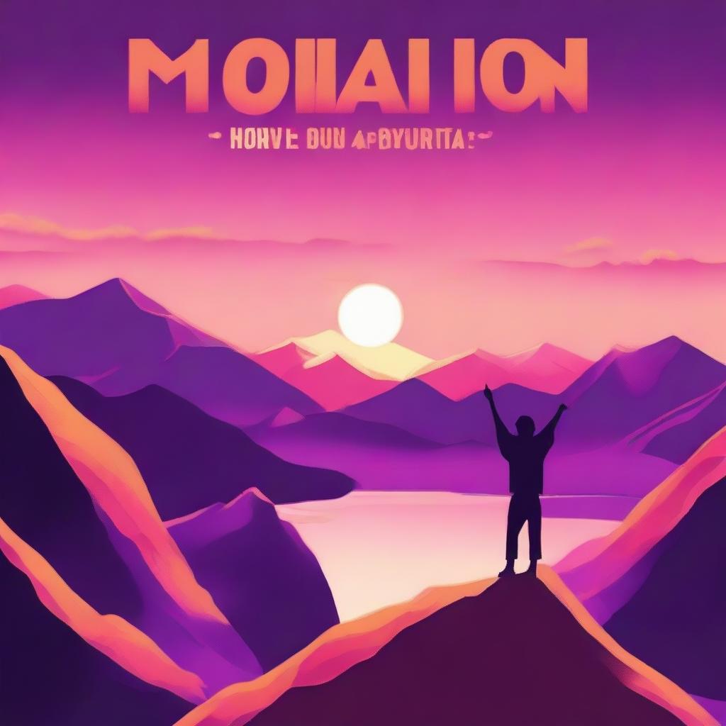 A vibrant and uplifting scene featuring a person standing on top of a mountain with arms outstretched, looking at a beautiful sunrise