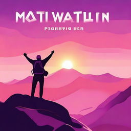 A vibrant and uplifting scene featuring a person standing on top of a mountain with arms outstretched, looking at a beautiful sunrise