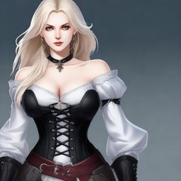 Create an image of a female character with pure white skin and black eyes