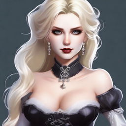 Create an image of a female character with pure white skin and black eyes