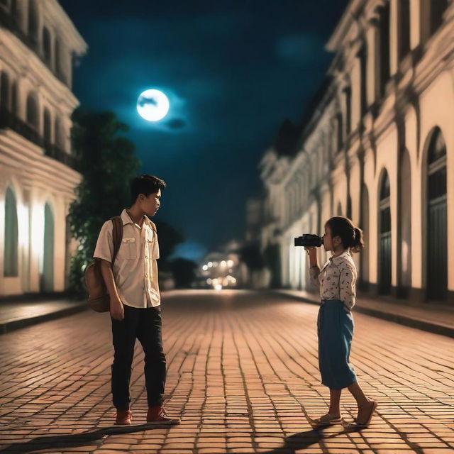 A girl wearing casual clothes and holding a camera faces a boy wearing a police suit