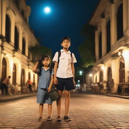 A girl wearing casual clothes and holding a camera faces a boy wearing a police suit