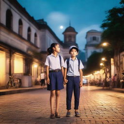 A girl wearing casual clothes and holding a camera faces a boy wearing a police suit