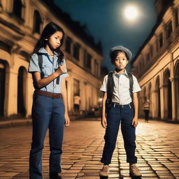 A girl wearing casual clothes and holding a camera faces a boy wearing a police suit