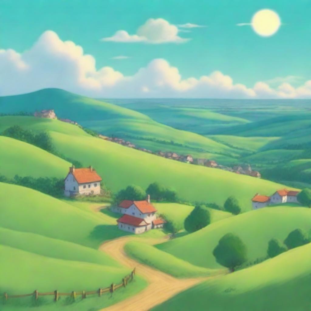 A serene countryside scene with rolling hills, lush green fields, and a quaint village in the distance