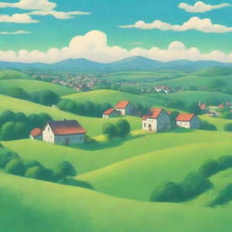 A serene countryside scene with rolling hills, lush green fields, and a quaint village in the distance