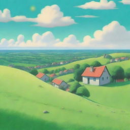 A serene countryside scene with rolling hills, lush green fields, and a quaint village in the distance