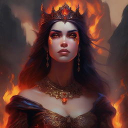 A highly detailed digital portrait of a fantasy princess in a hellish environment, created in the style of Greg Rutkowski