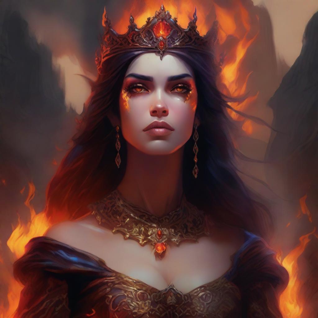 A highly detailed digital portrait of a fantasy princess in a hellish environment, created in the style of Greg Rutkowski