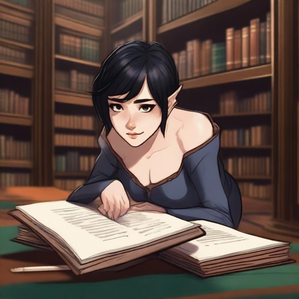 A half-elf female with a side cut hairstyle and short black hair, featuring brown eyes