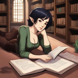 A half-elf female with a side cut hairstyle and short black hair, featuring brown eyes