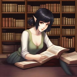 A half-elf female with a side cut hairstyle and short black hair, featuring brown eyes