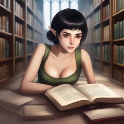 A half-elf female with a side cut hairstyle and short black hair, featuring brown eyes