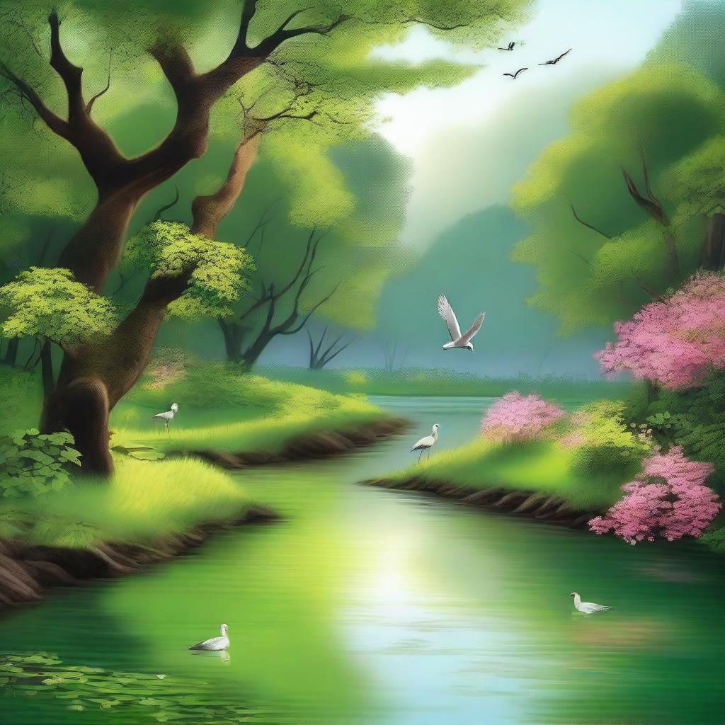 A serene and picturesque scene in nature, featuring a tranquil river flowing through a lush forest with birds singing and flowers blooming, evoking a sense of poetic beauty and tranquility