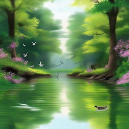 A serene and picturesque scene in nature, featuring a tranquil river flowing through a lush forest with birds singing and flowers blooming, evoking a sense of poetic beauty and tranquility