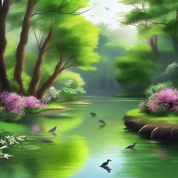 A serene and picturesque scene in nature, featuring a tranquil river flowing through a lush forest with birds singing and flowers blooming, evoking a sense of poetic beauty and tranquility