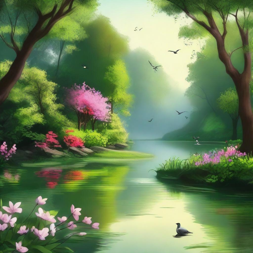 A serene and picturesque scene in nature, featuring a tranquil river flowing through a lush forest with birds singing and flowers blooming, evoking a sense of poetic beauty and tranquility