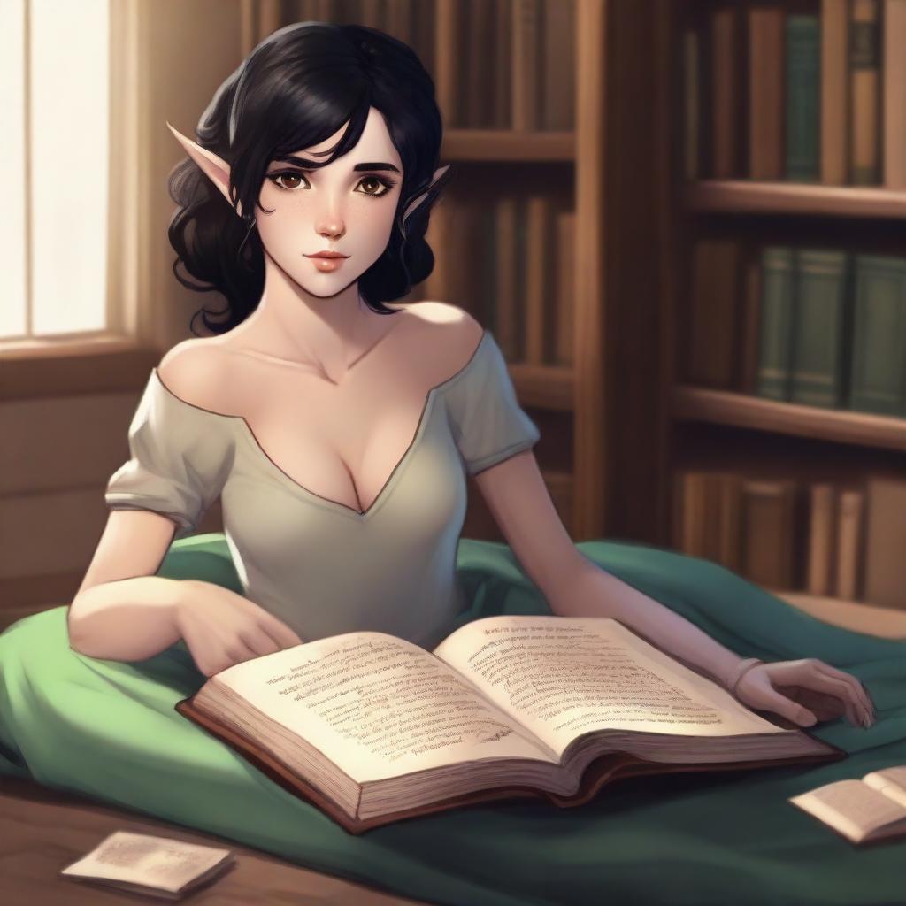 A half-elf female with a side cut hairstyle, short black hair, and brown eyes is lying on the floor of a library, reading a book