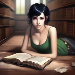 A half-elf female with a side cut hairstyle, short black hair, and brown eyes is lying on the floor of a library, reading a book