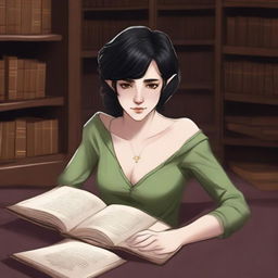 A half-elf female with a side cut hairstyle, short black hair, and brown eyes is lying on the floor of a library, reading a book