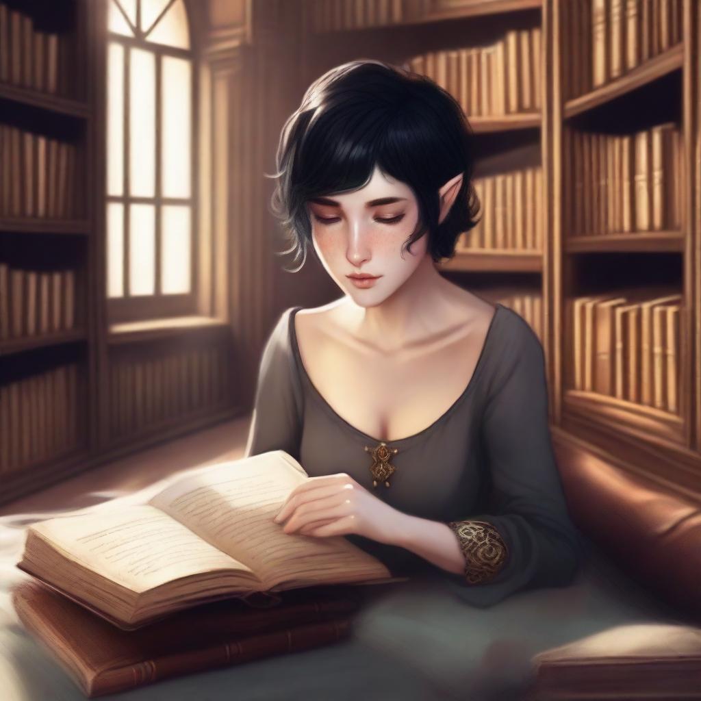 A half-elf female with a side cut hairstyle, short black hair, and brown eyes is lying on the floor of a library, reading a book