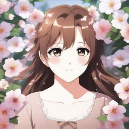 A close-up image of a beautiful anime girl with brown hair, surrounded by flowers