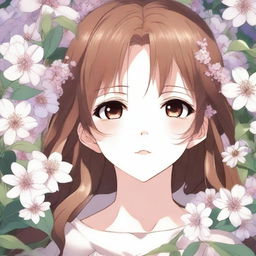 A close-up image of a beautiful anime girl with brown hair, surrounded by flowers