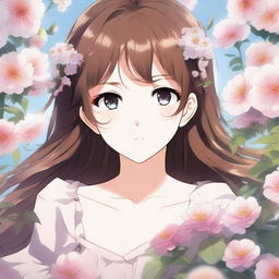 A close-up image of a beautiful anime girl with brown hair, surrounded by flowers