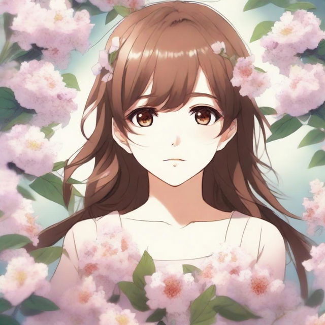 A close-up image of a beautiful anime girl with brown hair, surrounded by flowers