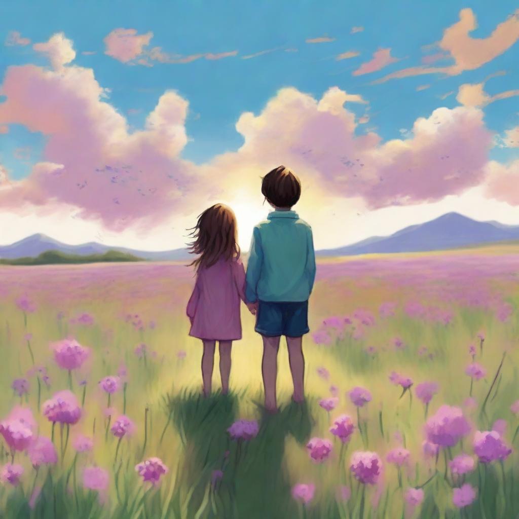 An emotional scene featuring two siblings standing in a vast meadow filled with blooming flowers