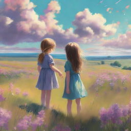 An emotional scene featuring two siblings standing in a vast meadow filled with blooming flowers