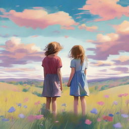 An emotional scene featuring two siblings standing in a vast meadow filled with blooming flowers