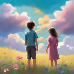 An emotional scene featuring two siblings standing in a vast meadow filled with blooming flowers