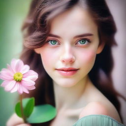 A close-up image of a beautiful, non-realistic girl with brown hair and green eyes, looking to the side while holding a pink flower