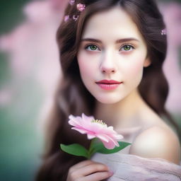 A close-up image of a beautiful, non-realistic girl with brown hair and green eyes, looking to the side while holding a pink flower